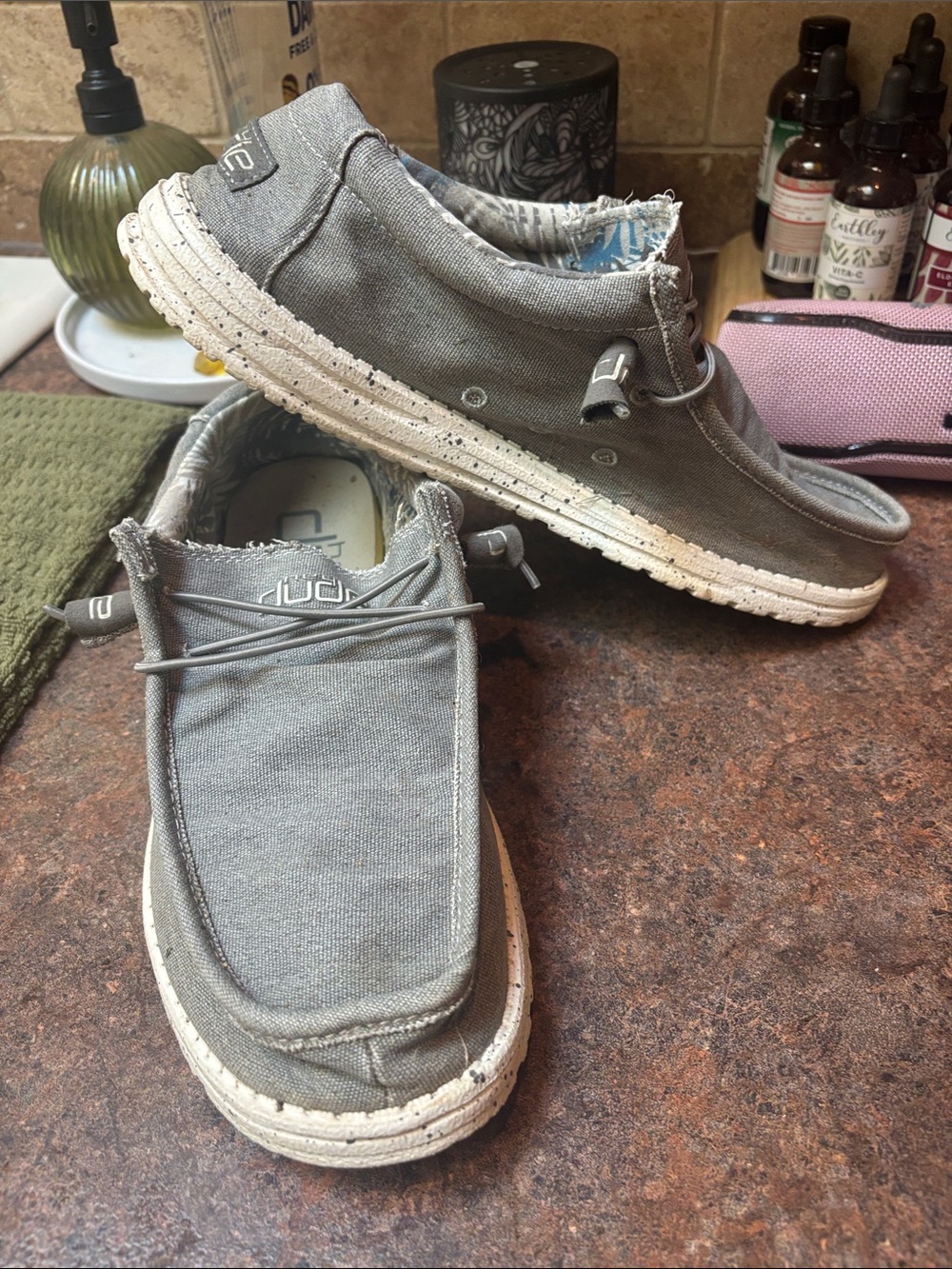 Hey Dude Gray Canvas Slip-On Loafers with White Speckled Sole
